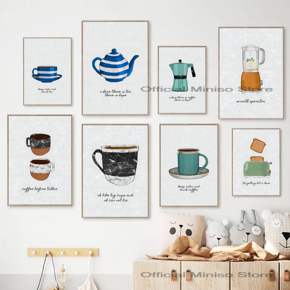 Wallpaper Coffee And Tea - コーヒー、紅茶、キッチン用品ポスター、ティーポット、コーヒーカップ、トースター、プリント、ウォールアート、カフェ、キッチン、ダイニングルーム用装飾、額なし絵画
