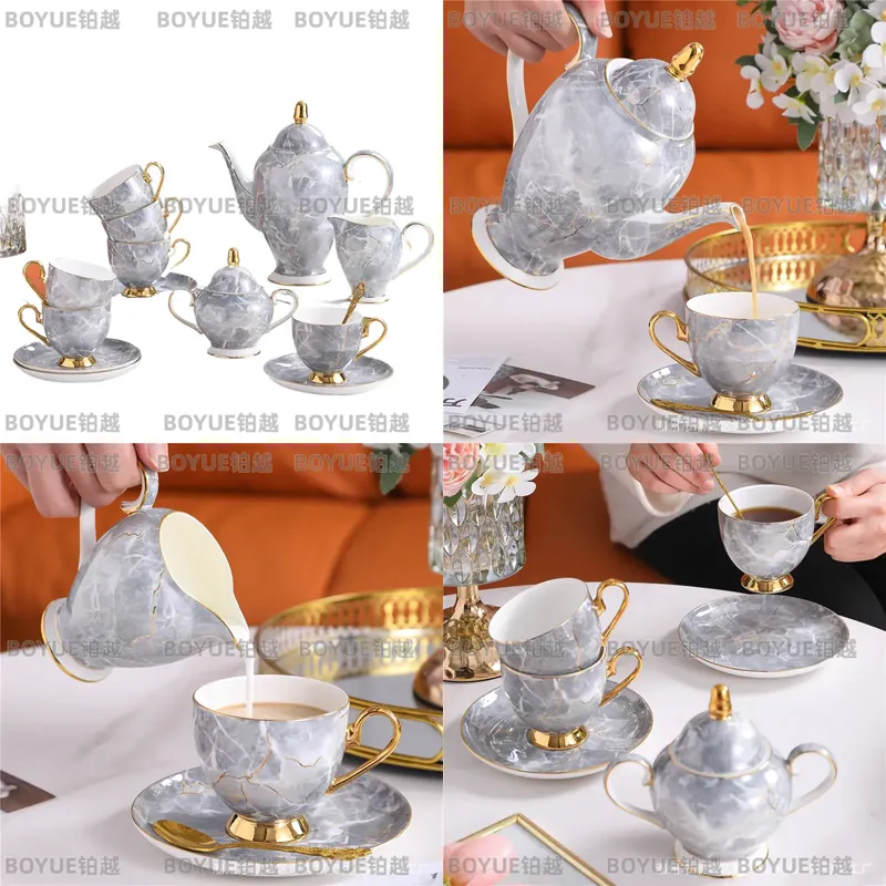 Coffee Tea Gift - 高級ボーンチャイナコーヒーカップ＆ソーサーセット、ティーポット付き、エレガントなアフタヌーンティーサービスギフトボックス、プレミアム磁器製ドリンクウェア