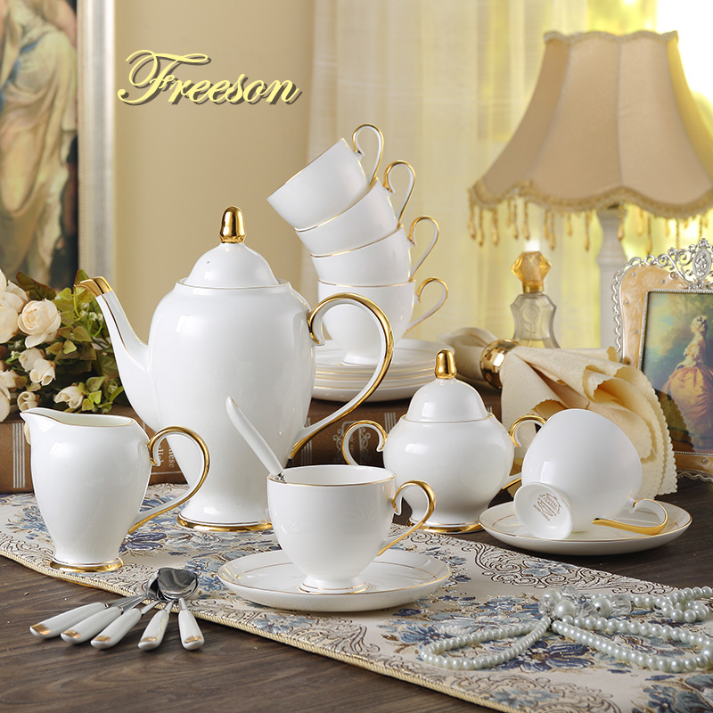 Coffee Tea Sugar Set - グレースボーンチャイナコーヒーセットホワイトゴールド磁器ティーセット高度なポットカップセラミックマグシュガーボウルクリーマーティーポットミルクジャグティーセット