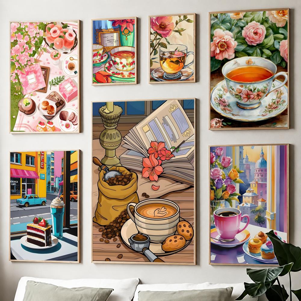 Wallpaper Coffee And Tea - アフタヌーンティーコーヒーカップポスター紙プリントホームリビングルーム寝室エントランスバーカフェアート絵画装飾