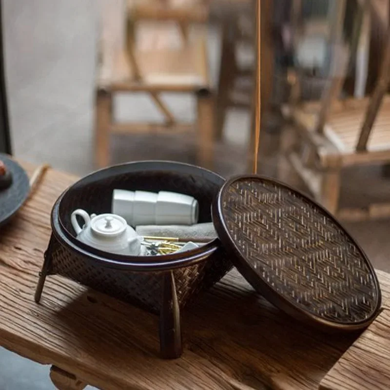 Coffee Tea Thai - 中国風のコーヒーテーブルとタイ風のレトロなカンフー茶器セット、蓋付き竹製バスケット付き丸型コーヒーテーブル（家庭用）