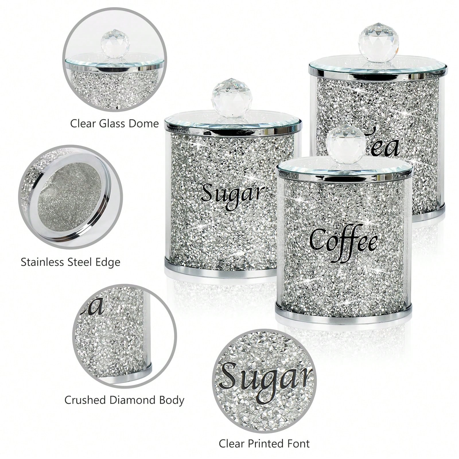 Coffee Tea Gift - コーヒー、砂糖、紅茶用キャニスターセット、キラキラ輝くクラッシュダイヤモンドキッチン収納容器セット、4個のシルバーガラスジャー（蓋付き）、鏡面トレイ付き、キッチンカウンター、コーヒーバー、ダイニングルーム、家の装飾、新築祝いギフト