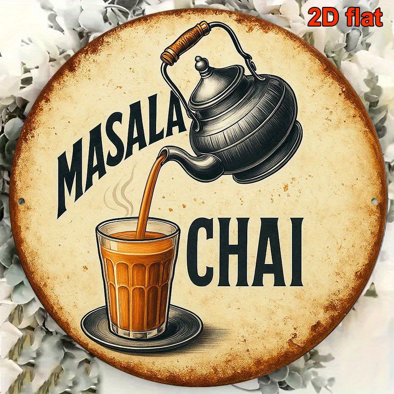 Coffee Tea Recipe - マサラチャイメタルサイン ヴィンテージ2Dフラット1個入り、8インチ丸型ウォールアート フランスラベルスタイル ティーレシピデザイン、コーヒーレストラン ティーロ