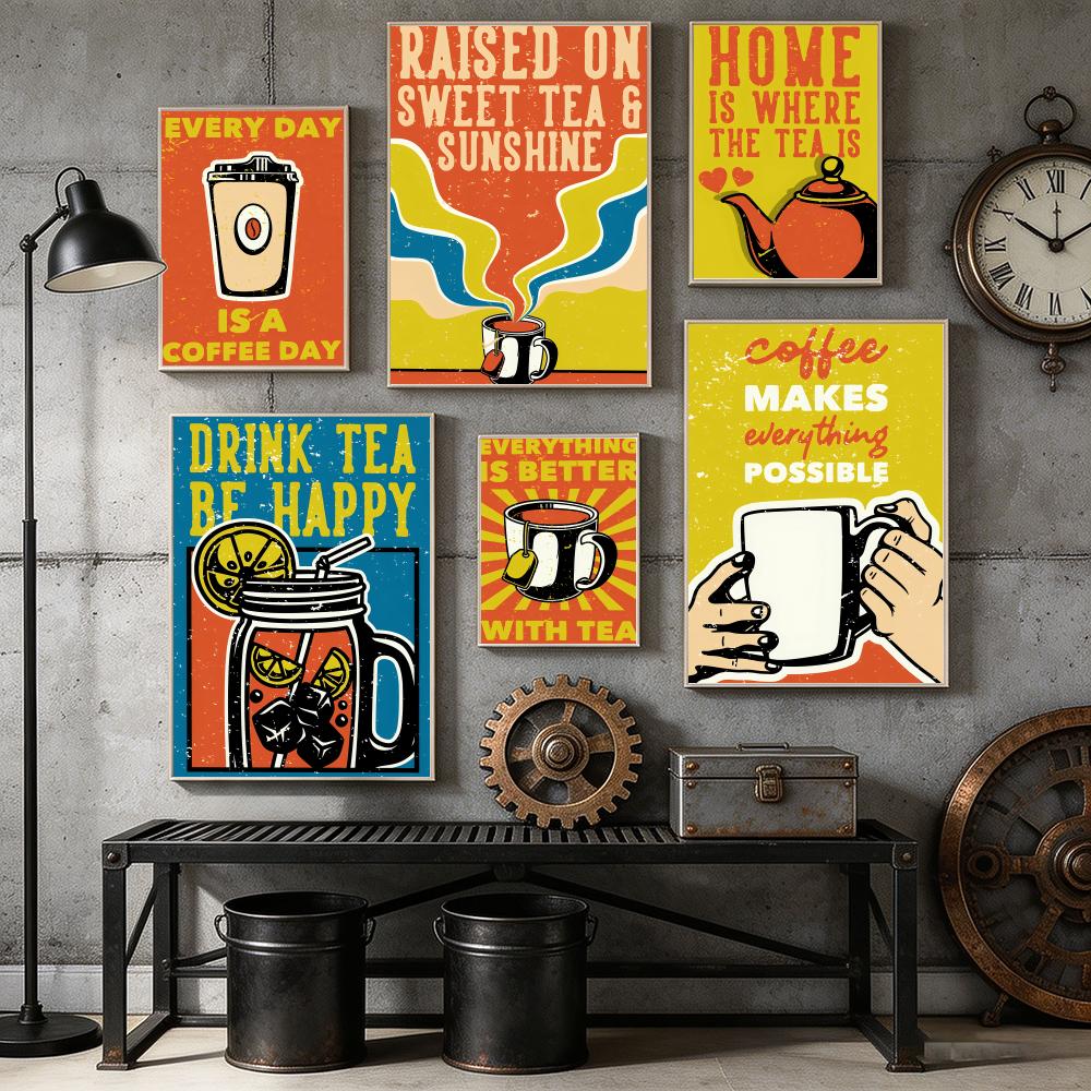 Wallpaper Coffee And Tea - ヴィンテージ茶コーヒーポスターホームバーウォールアートステッカー防水自己粘着壁画リビングルーム寝室の装飾用