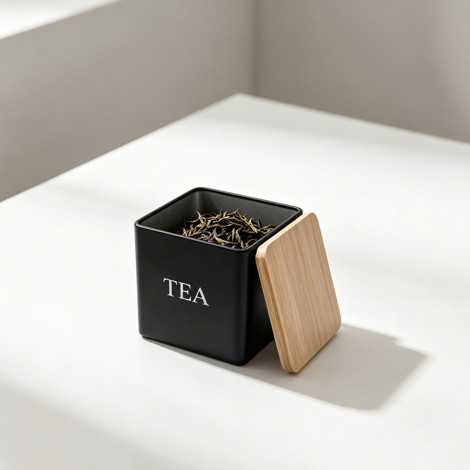 Coffee Tea Sugar Set - 3個入り金属製茶葉・コーヒー・砂糖キャニスターセット、竹製蓋付き600ml角型キッチン収納容器、カウンター用、ラベル付き、気密