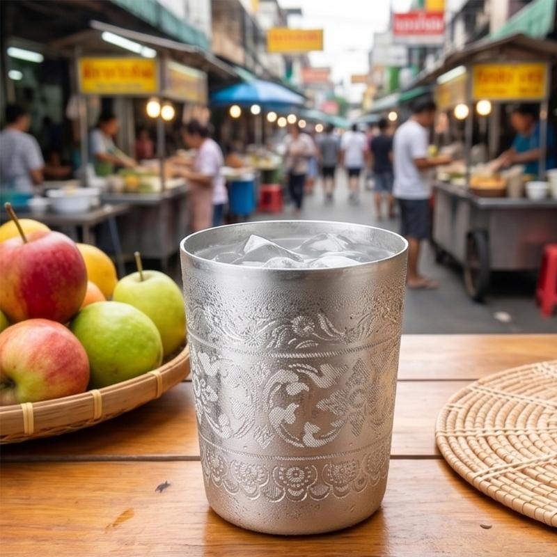 タイスタイルの錫カップタイの伝統的なデザインのドリンクカップ - Coffee Tea Thai のレビューと価格