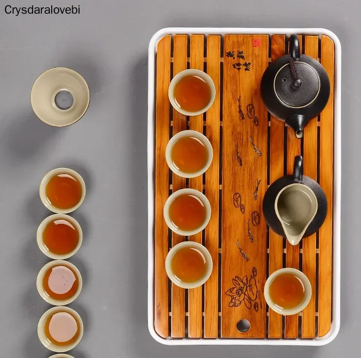 茶器セット、竹製茶盆、メラミン茶台、水受け付き茶器セット、中 - Bamboo Tea Tray のレビューと価格
